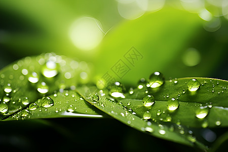 清晨绿叶上的水珠背景图片