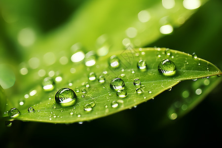 清晨绿叶上的水滴图片