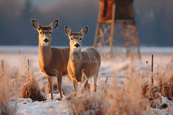 雪地中的两只小鹿图片