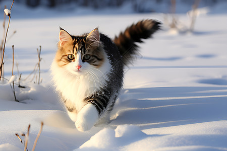 雪地中奔跑的小猫图片