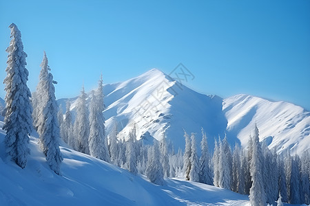 红军雪山被积雪覆盖的白色松树背景