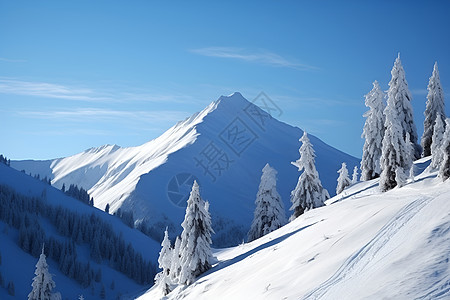 雪山和充满积雪的松树背景图片