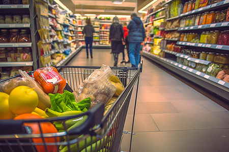 购物车里装满了食品背景图片