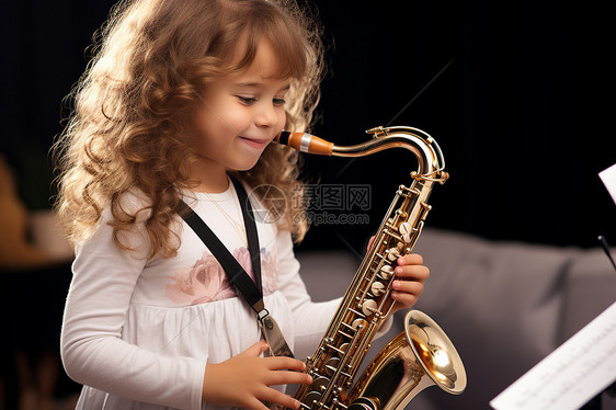 小女孩在舞台上吹奏萨克斯风图片