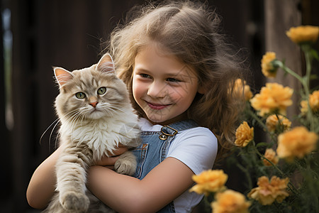 女孩与小猫合影图片