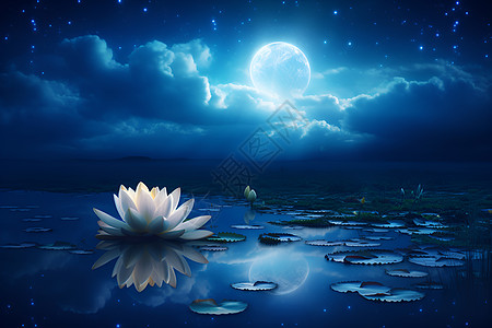 夜晚水面上的白莲花图片