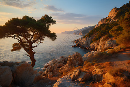 日落时岩石海岸的美丽景观图片