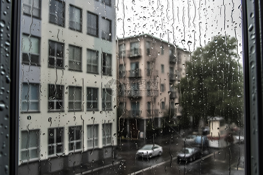 城市雨夜中的窗外景象图片