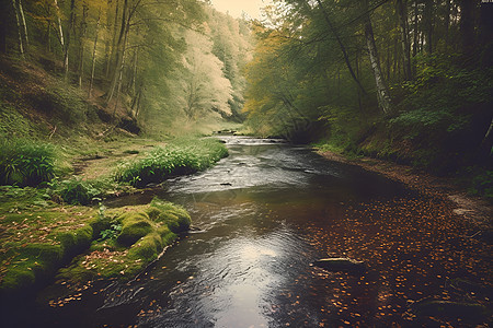 林中流水的美丽景观图片