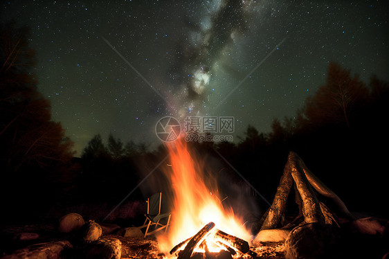 夏季山谷星空下的篝火露营图片