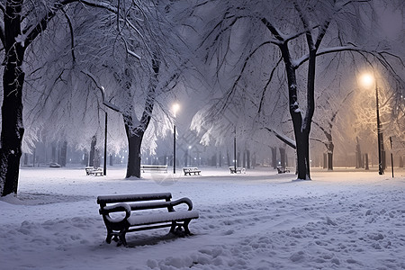夜晚雪景冬夜中的公园长椅背景