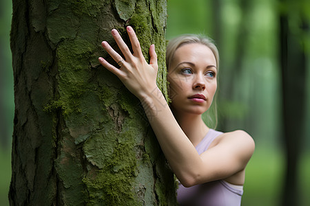 森林中抱着大树的女子背景图片