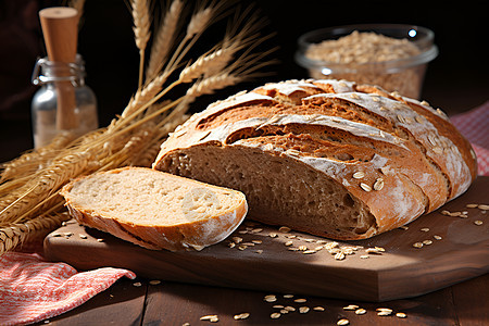 切菜板上的面包和麦穗图片
