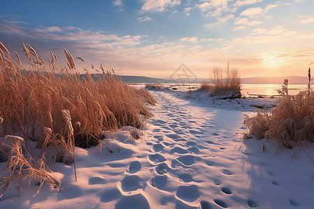 冬季户外的芦苇和白雪背景图片