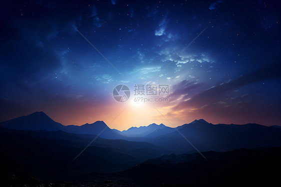 山间夕阳中闪烁的星空图片