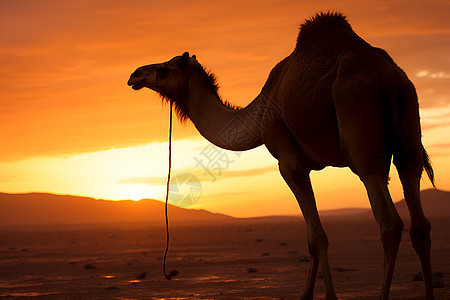 夕阳下一头骆驼在沙漠中背景图片