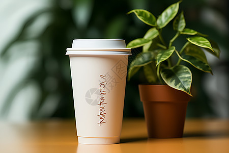 一杯咖啡和一盆绿色植物背景图片