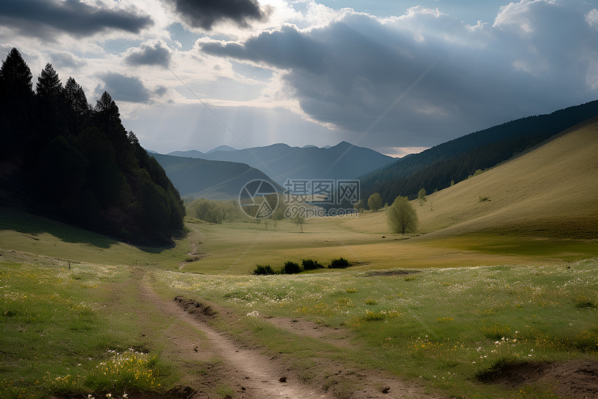 山间草地上一条泥泞的小路图片