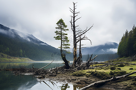 河流草地湖畔孤独的树背景