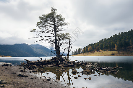 湖泊边的树图片