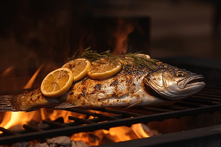 火焰上的烧烤烤鱼图片