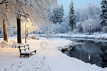 冬夜公园的雪景图片