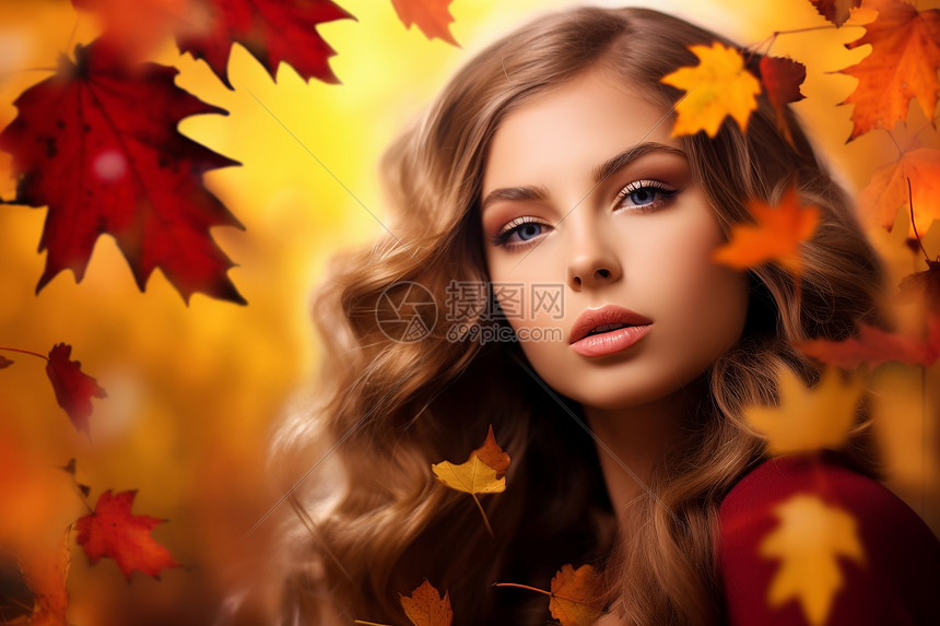 秋叶和美女图片