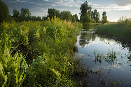 清新绿意的河畔景观背景图片