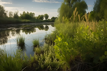 清晨河畔的自然美景背景图片