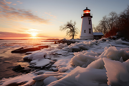 风景优美的冬季日落海洋景观图片