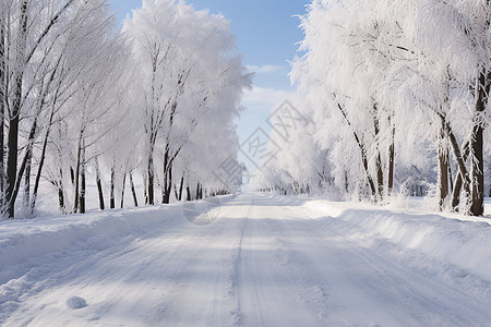 冬日积雪的树林道路图片