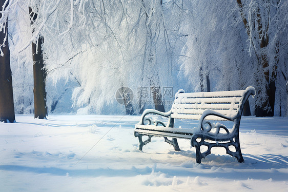 冬日树下的冰雪长椅图片