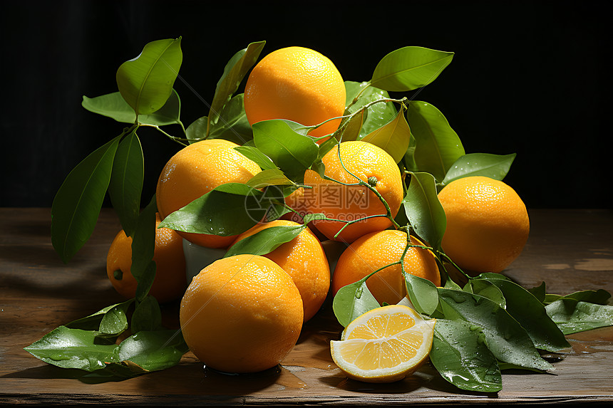柑橘摆放在木质桌上图片