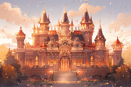 卡通风格的童话城堡插图背景图片