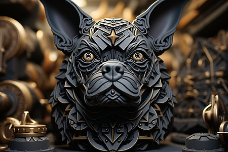 黑色塑料质感的狗狗头像雕像背景图片
