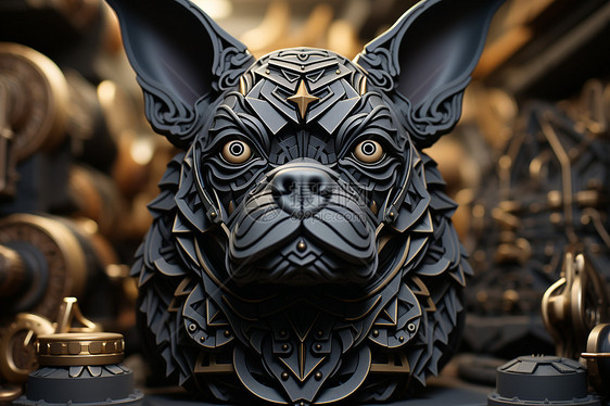 黑色塑料质感的狗狗头像雕像图片
