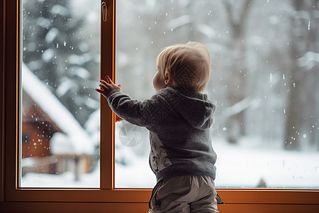 小孩透过窗户望出雪景高清图片