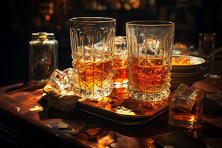 酒吧餐桌上的威士忌高清图片