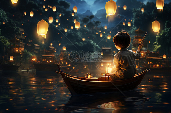 传统节日船只上的小男孩图片