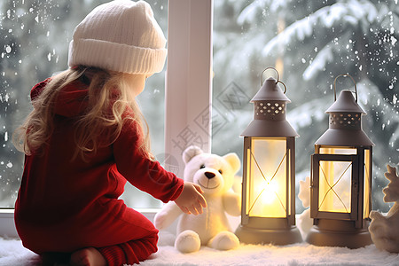 冬日窗边欢乐小女孩图片