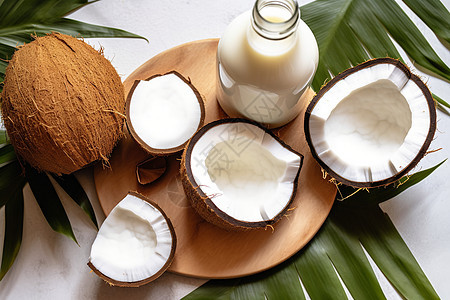 椰子牛奶与椰子果肉背景图片