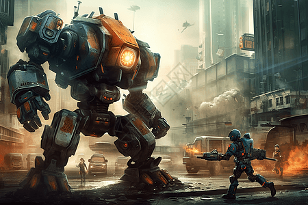 未来派城市的机器人作战背景图片