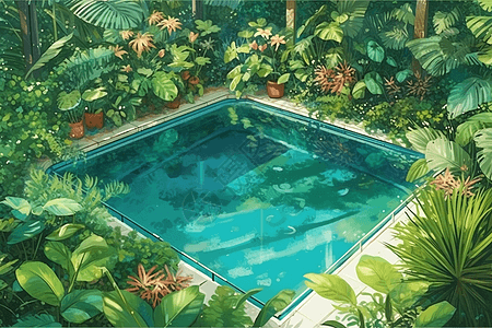 绿树环绕的游泳池背景图片