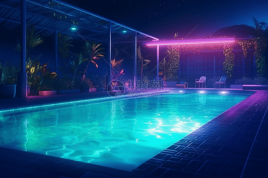 彩色灯光下的游泳池图片
