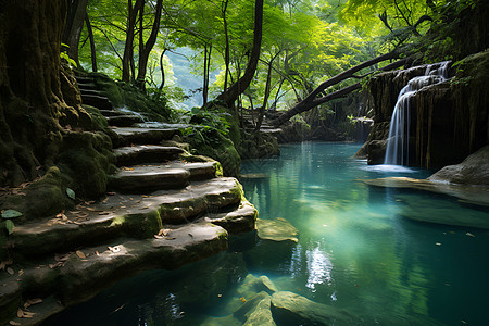 翠绿林中的瀑布图片