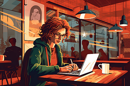 咖啡厅里使用笔记本电脑的女人图片