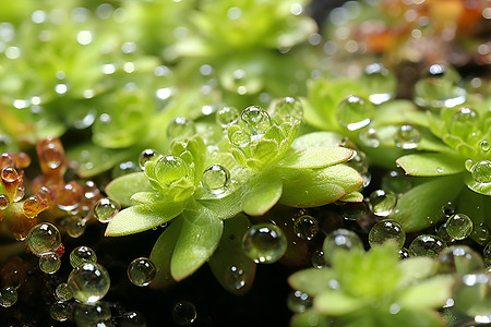 手绘热带绿植露水飘落的热带植物背景
