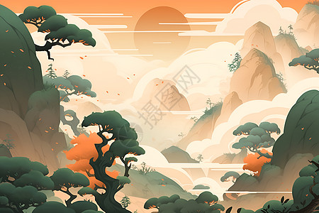 中式古风的山水画插图背景图片