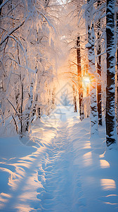 日出暴雪森林的美丽景观图片