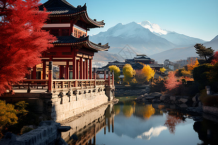 风景优美的秋季古城建筑背景图片